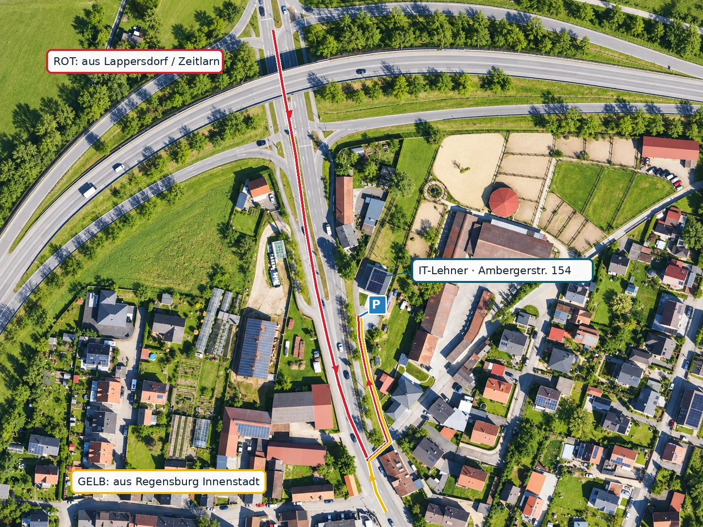 Anfahrt zu IT-Lehner in Regensburg: gelbe und rote Route zur Stichstraße und zum Parkplatz